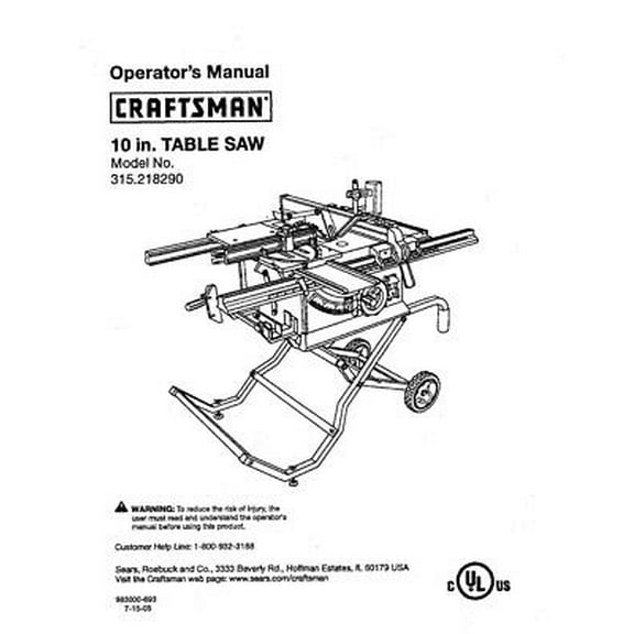 Instruction Manual ONLY for Craftsman 315.218290 Table Saw Owners Instruction Manual REPRINT