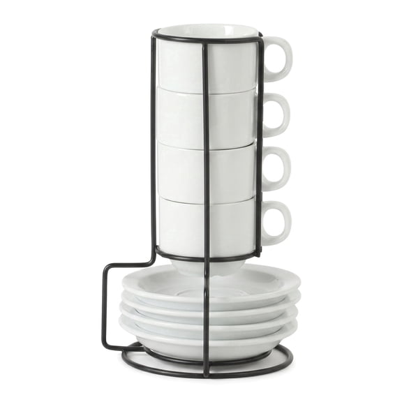 Set of 4 3 Ounce Ceramic Espresso Cups with Saucers & Metal Stand, Stackable Small Coffee Drinking Cups