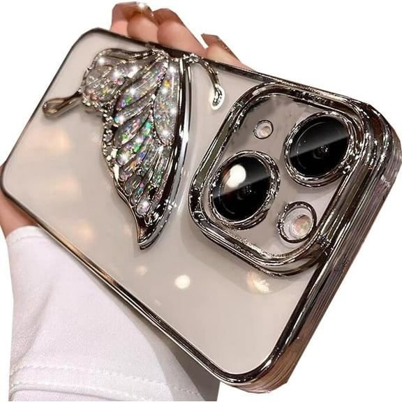 Glitter 3D Butterfly Case for iPhone 15 Plus, Cute Luxury Bling Sparkle Liquid Flowing Case with Camera Lens Protector Plating Bumper Clear Women Girls Case for iPhone 15 Plus 6.7" (Silver)
