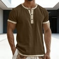 thumbnail image 2 of GUZOM Mens Brown Henley Shirt Short Sleeve | Slim Fit Casual Button Down Top in Linen Cotton Blend,Size S, 2 of 6