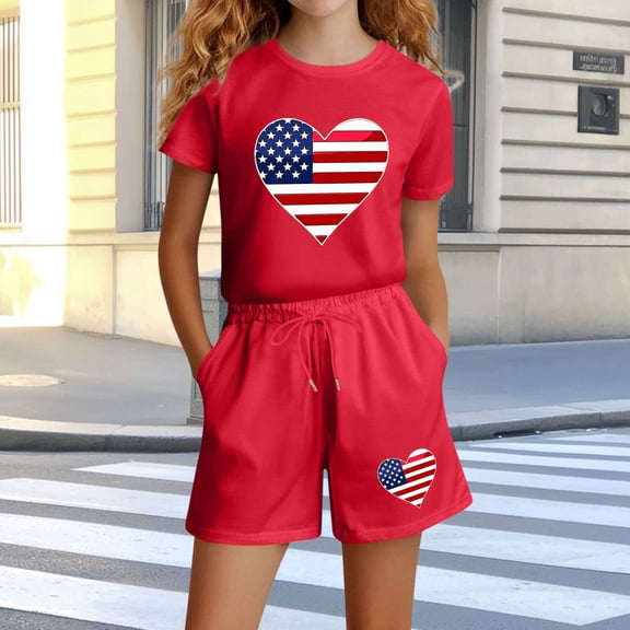Boys Girls Kids 2-Piece Outfit Set Patriotic Graphic Print Short Sleeve Top & Shorts Red 9-10 Years