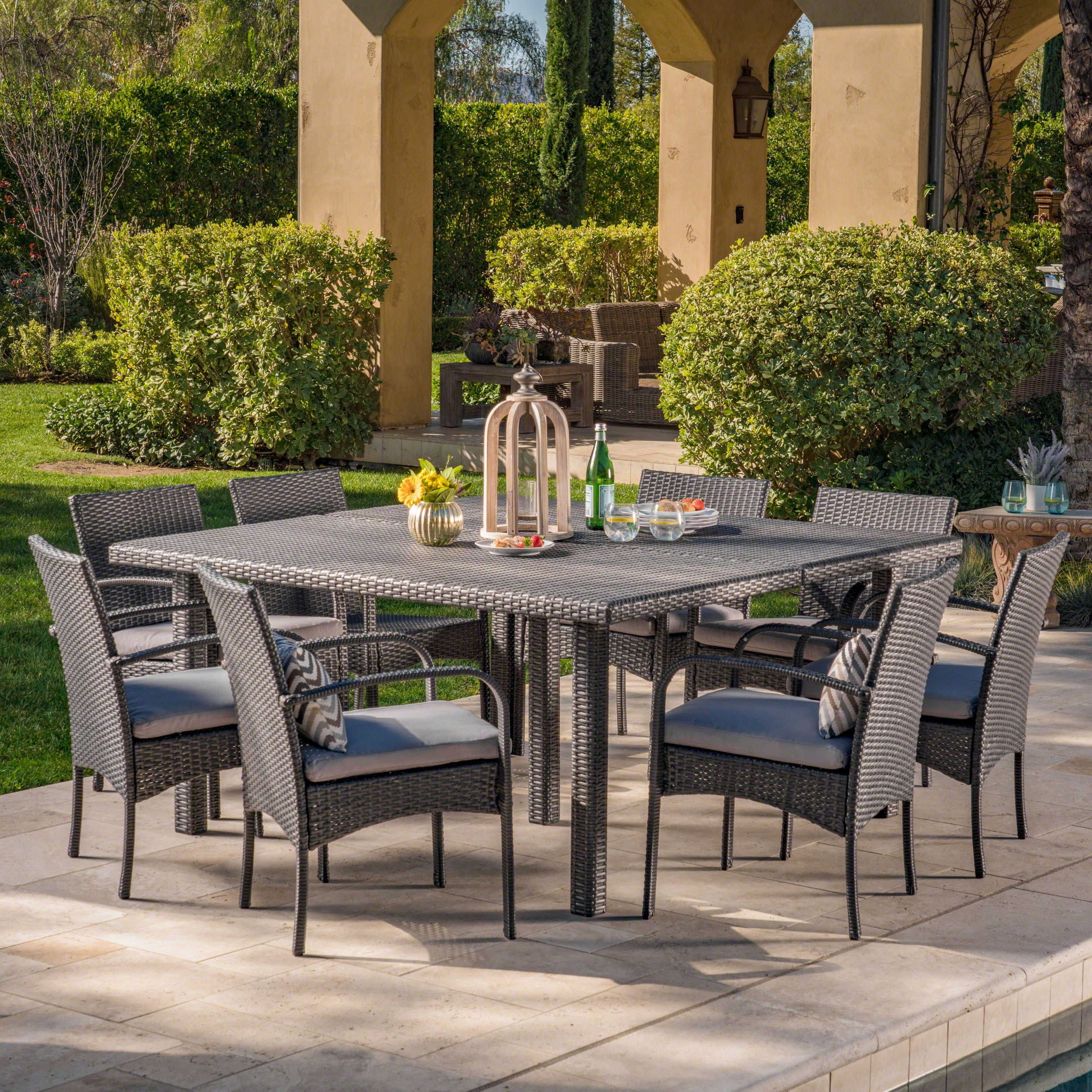 Coral Outdoor 9 Piece Grey Wicker Square Dining Set with Grey Water