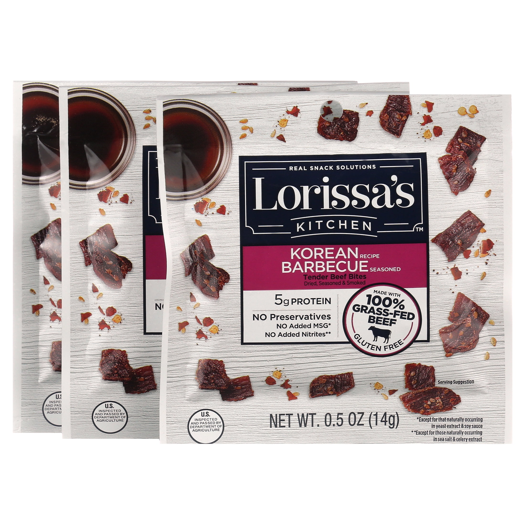 Lorissa's Kitchen Beef Bites, Korean Barbecue. Meat Snack Packs, 5ct 0.5oz