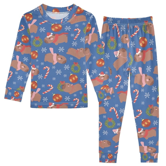 joogoo Capybara Christmas Ball Pattern 2 Piece Long Sleeve Tee and Pants Cotton Pajama Set 5Y
