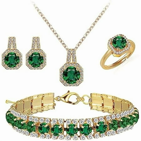 ZLC4pcs Cubic Zirconia Wedding Jewelry Sets for Bride Bridesmaid Cubic Zirconia Pendant Necklace Earrings Link Tennis Bracelet Open Ring Set for Women