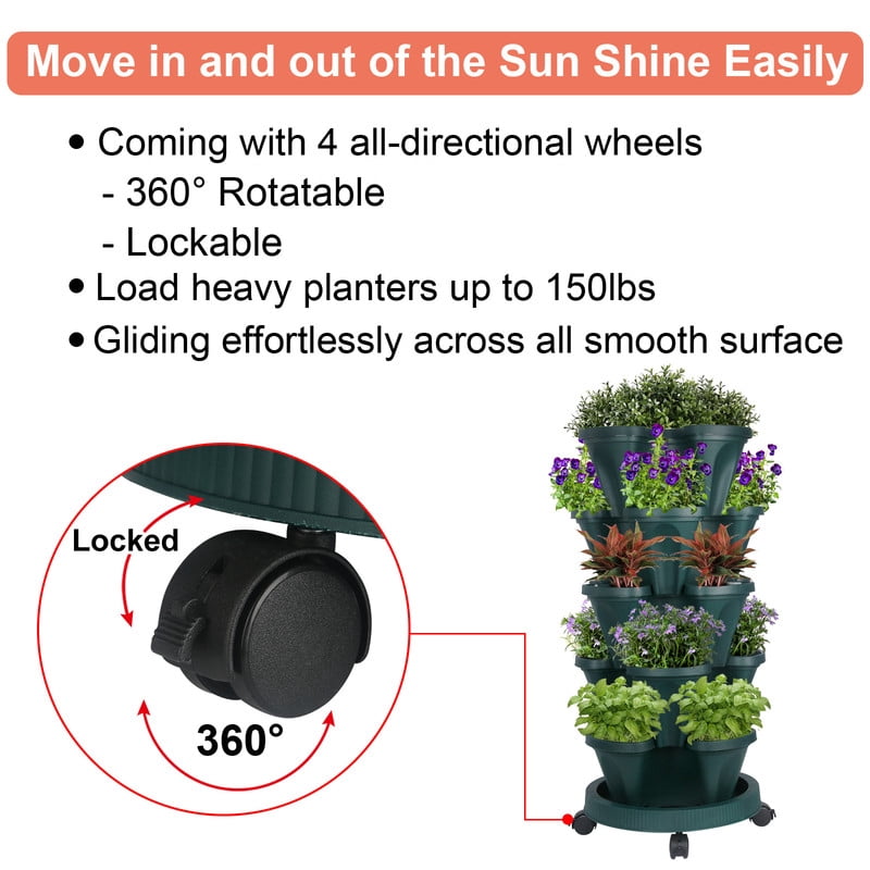 DUNCHATY 5 Tier Stackable Growing System for Strawberries and Herbs, High-Capacity Vertical Planter Tower, Outdoor Raised Garden Bed Alternative with Drainage Holes (Green)