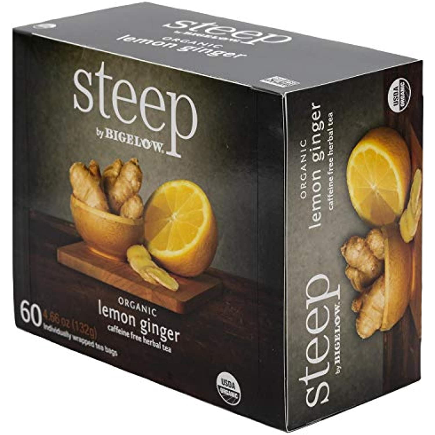 Steep By Bigelow Organic Lemon Ginger Caffeine Free Herbal Tea 60 Count (4.66 Ounces, 132 Grams)