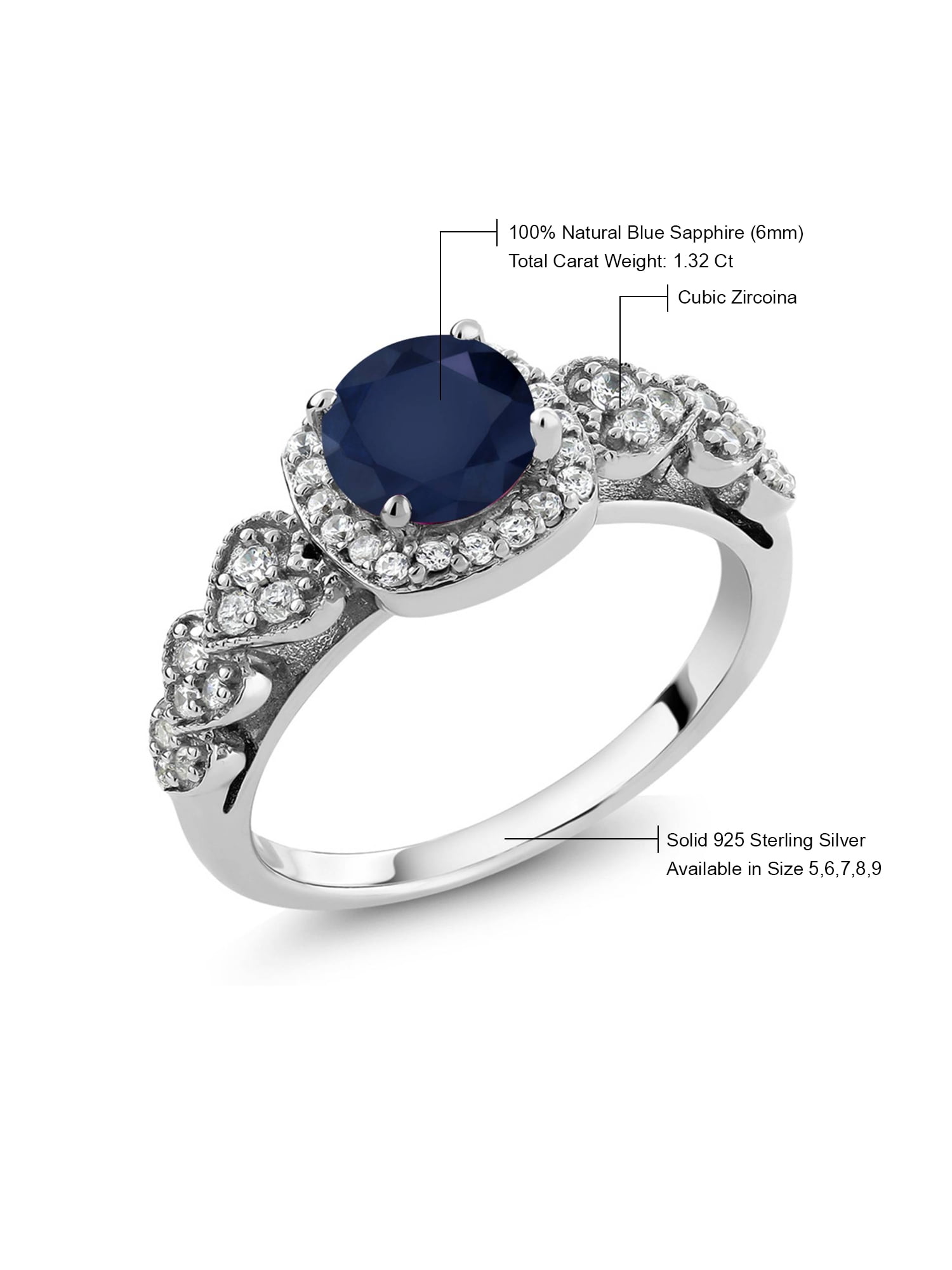 925 Sterling Silver Blue Sapphire Diamond Solitaire Ring