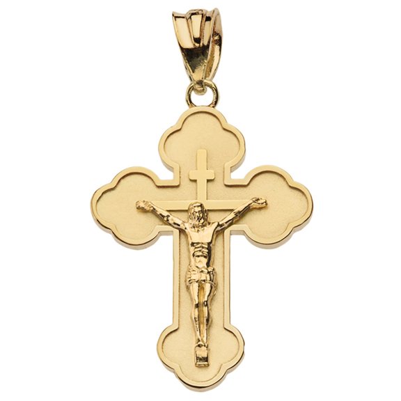 Solid Gold Double Sided Eastern Orthodox Crucifix(Large) (10K Yellow Gold, Pendant)