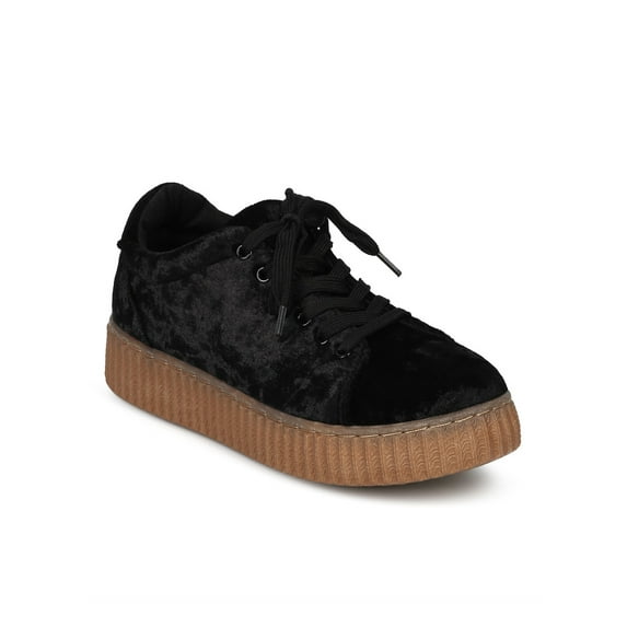 New Women Qupid Rematch-03A Crushed Velvet Lace Up Flatform Creeper Sneaker