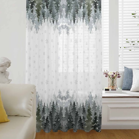 Christmas Tree Semi Sheer Curtains Drapes for Living Room, Bedroom, French Doors Window 96 Inches Long, Winter Snowflakes Xmas Pine Tree Rod Pocket Chiffon Curtain Drapery Voile Draperies Panel