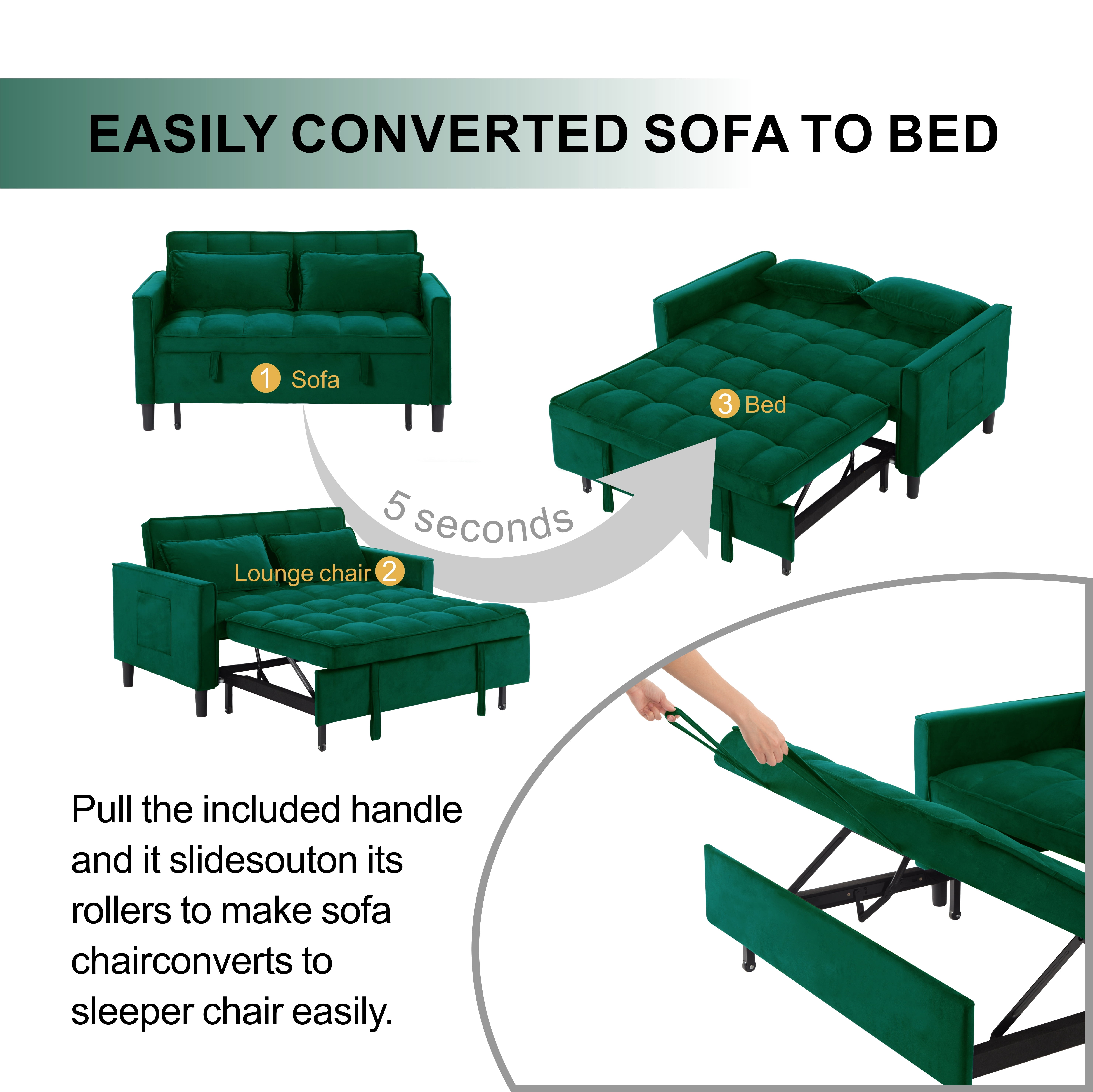 Gewnee 53.94" Pull-Out Sofa Bed – Convertible Twin Size Sleeper Bed,3 Adjustable Backrest Angles & Storage Side Pocket for Living Room,Office,Guest Room.Green