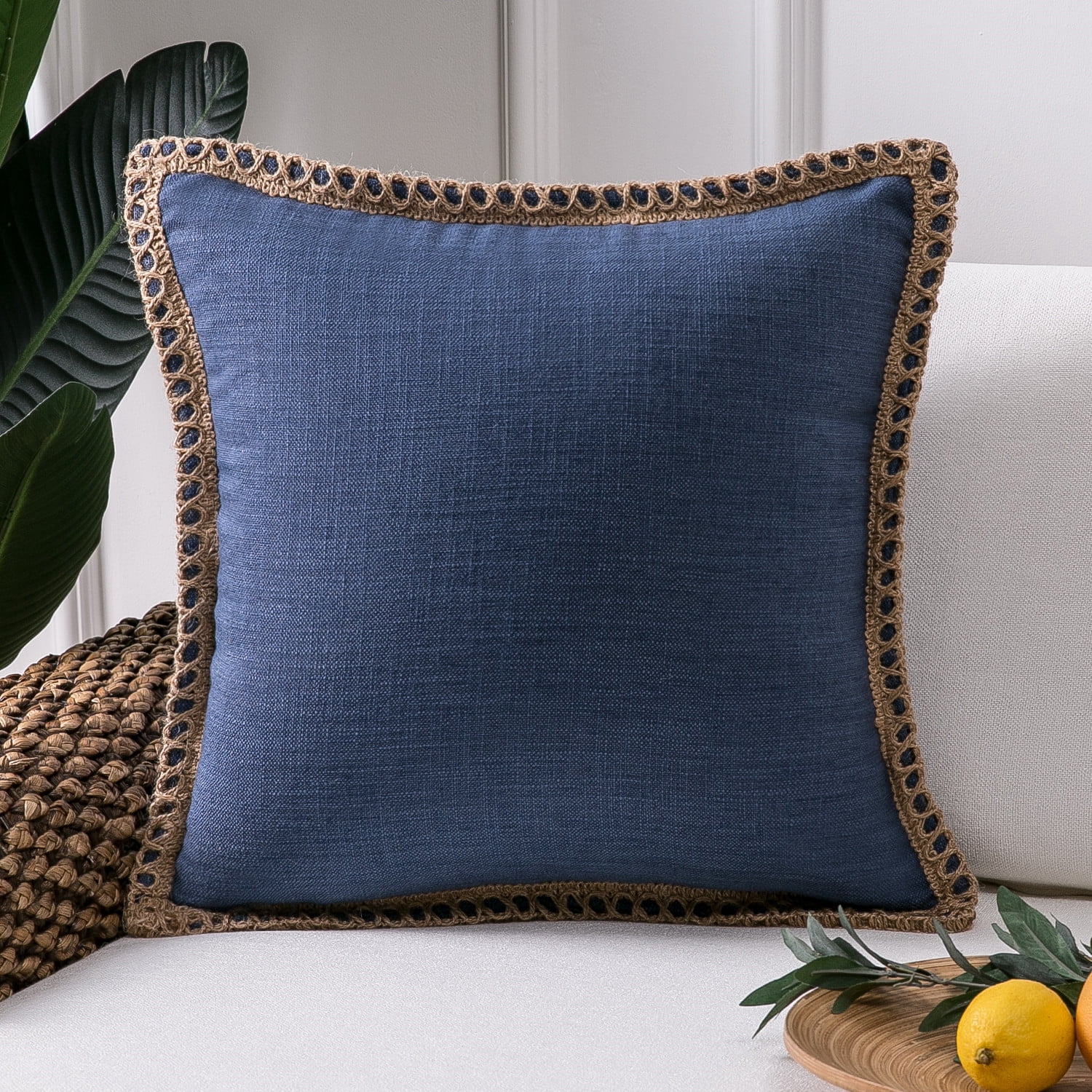 Decorative Throw Pillow Set, Linen Trimmed Farmhouse & Soft Corduroy Striped Velvet Series Bundle, for Sofa Couch Bedroom, Navy & White, 18" x 18"