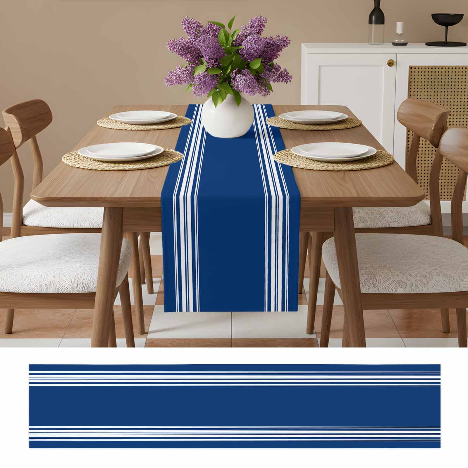 Blue Striped Table Runner, Farmhouse Blue White Stripes Washable Cotton Linen Table Runners 108 Inches Long, Dresser Scarf Runner for Dining/Living Room/Kitchen/Square Tables 13''x108''