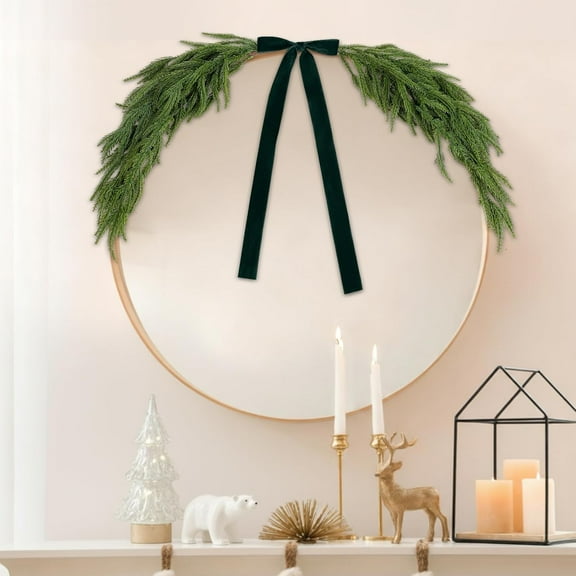 Grinzy 2.6ft Christmas Mirror Garland Artificial Norfolk Pine Swag for Mirror with Velvet Bow Faux Greenery Garlands Christmas Wreath for Xmas Home Door Mailbox Indoor Fireplace Decor(Dark Green)