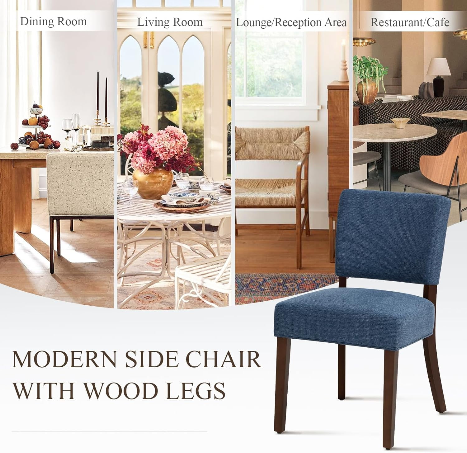 Mid Century Modern Dining Chairs Set of 4, Upholstered Kitchen Chairs with Back, Farmhouse Fabric Side Dining Room Chairs with Wood Legs for Dining Room Kitchen Restaurant, Blue