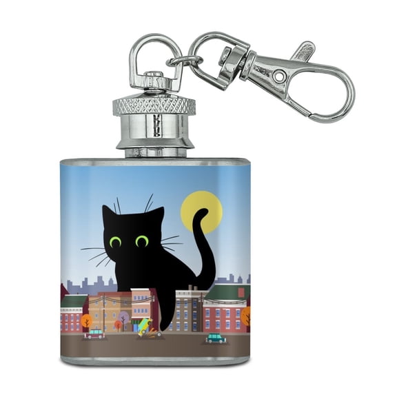 Giant Black Cat Playing with Cars Stainless Steel 1oz Mini Flask Key Chain