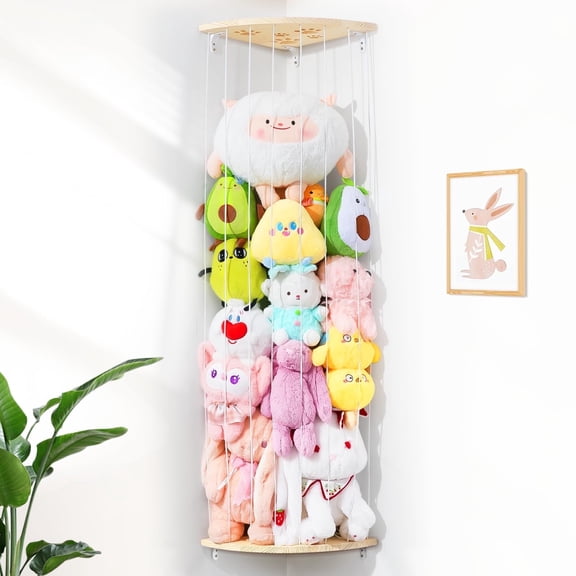 Corner Stuffed Animal Storage Net - Heigh Adjustable Wood Stuffed Animal Organizer - Large Wall Plush Holder Teddy Bear Storage for Bedroom Kids Room Nursery Decor