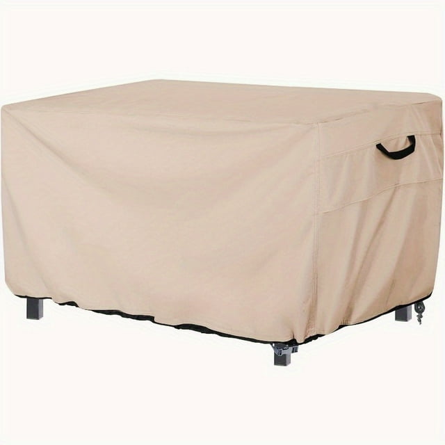HLONK 1pc Heavy-Duty Fire Pit Cover - Beige Outdoor Fire Table Protector with Drawstring Closure All-Weather Patio Garden Backyard or Fireplace Cover - Compatible with Gas & Tradition