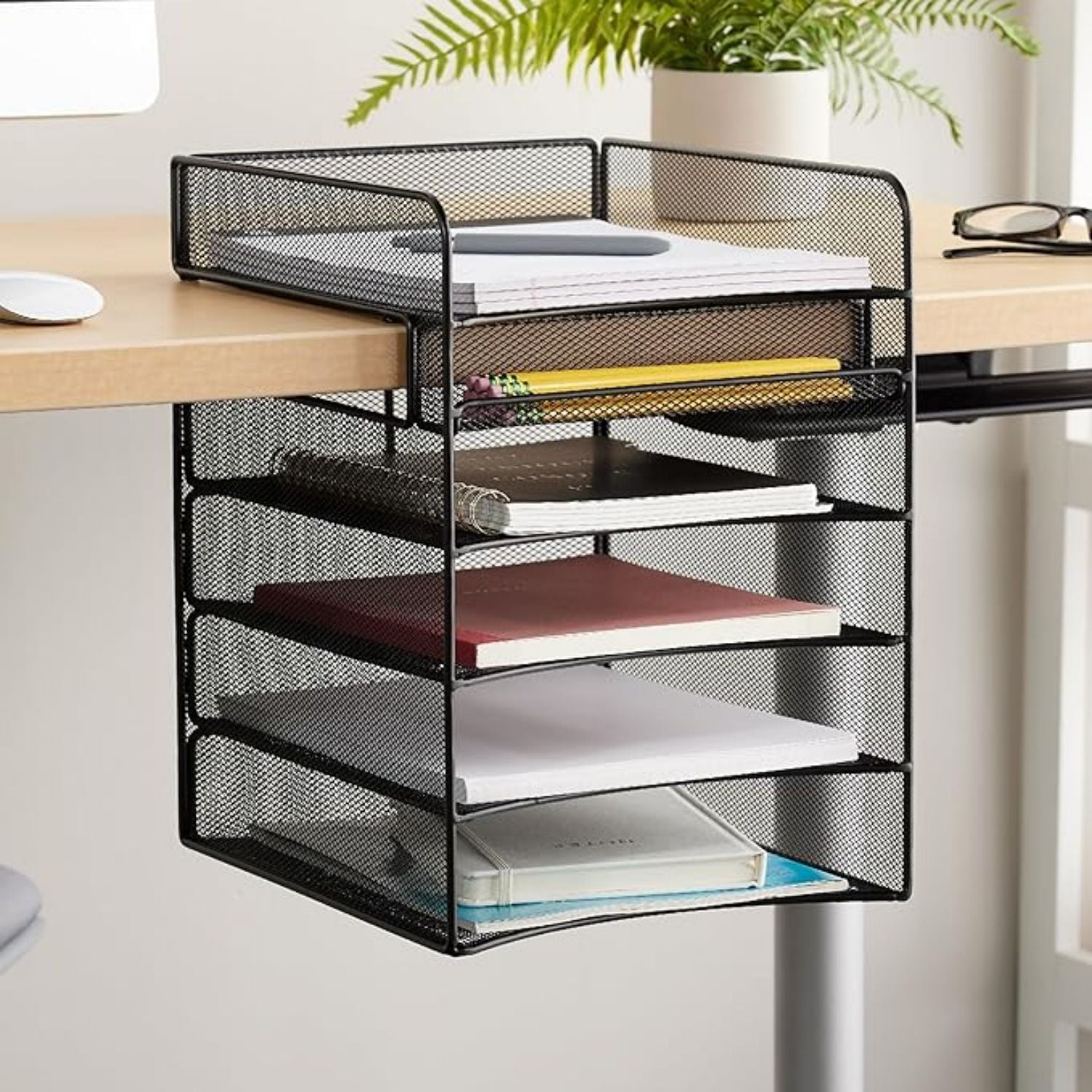 Hanging Desktop Organizer with 5 Horizontal Trays, Under-Desk Storage. Fits Tables 1.75" Thick and Under