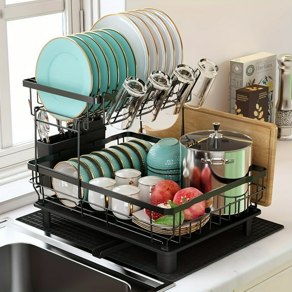 Dish drainer - Extra large stainless steel dish rack for kitchen countertops, 2-tier kitchen storage rack for storing dishes, bowls, and tableware, large capacity dish drainer with tableware rack.