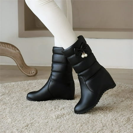 

Zedker Fashion Boots Cute Ankle Boots for Women Ladies Fashion Solid Color Bow Pearl Decorative Wedge Heel Mid Boots Womens Boots Round Toe