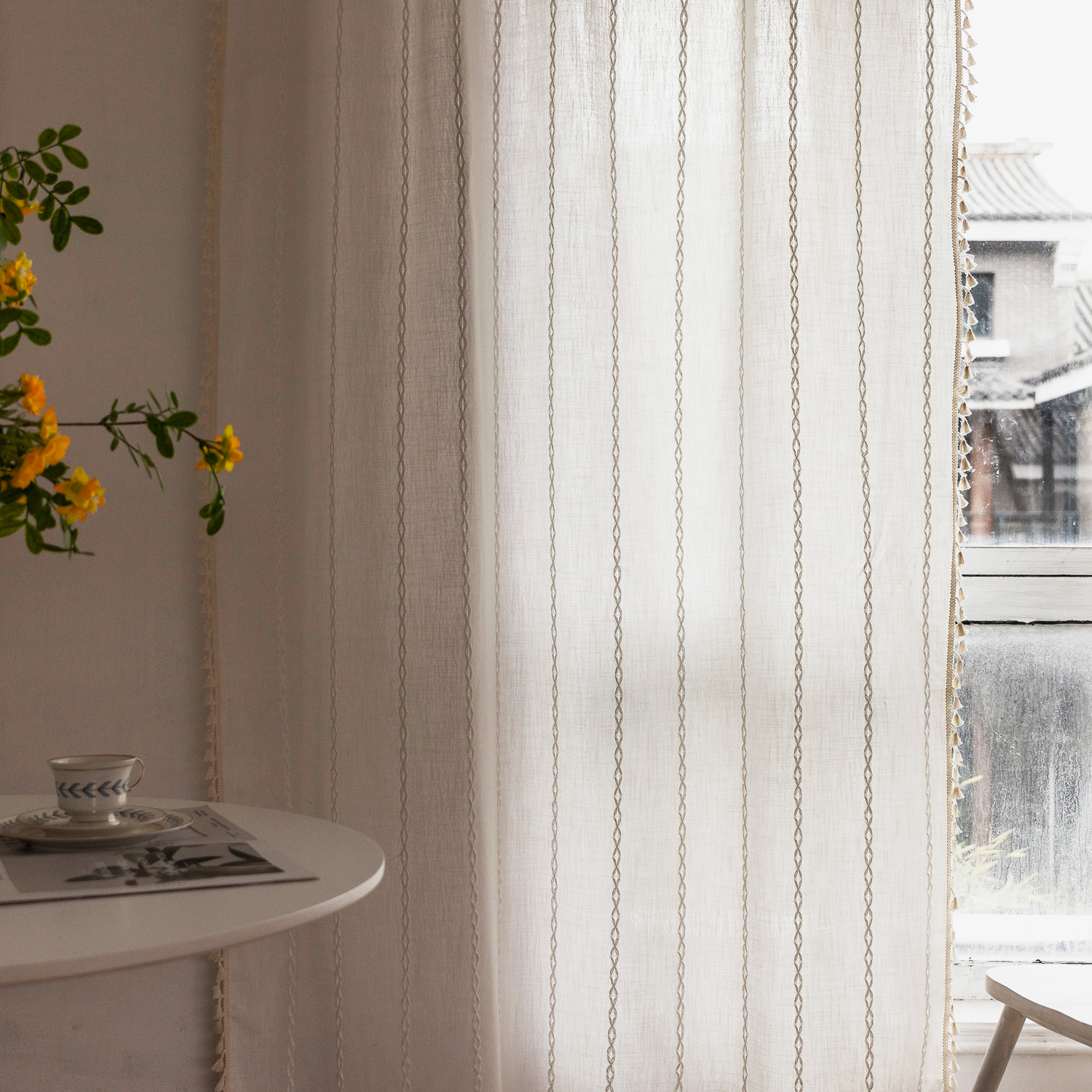 NIUBIER Boho Blackout Curtains,Linen Cotton Embroidered Semi Blackout Curtins for Bedroom Living Room,1 Panel W52 x L84