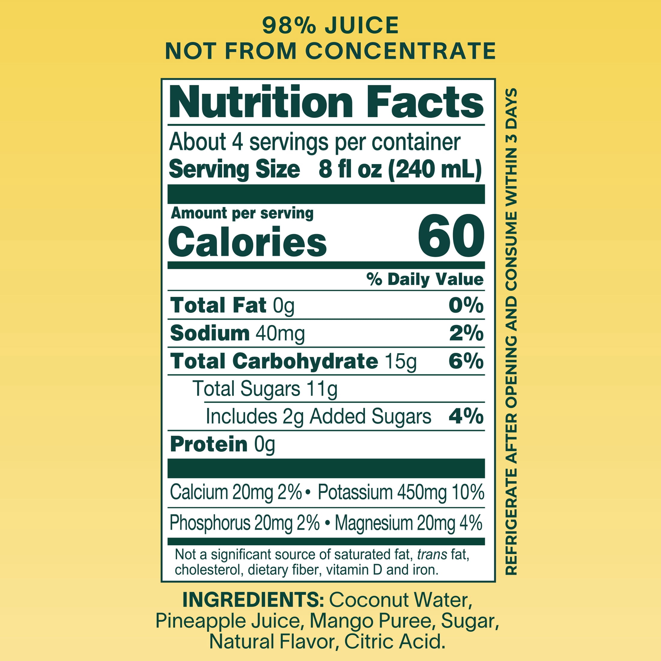 ZICO Pineapple Mango Coconut Water, 100% Juice Blend, Natural Electrolytes, 33.8 fl oz (Refrigerated)
