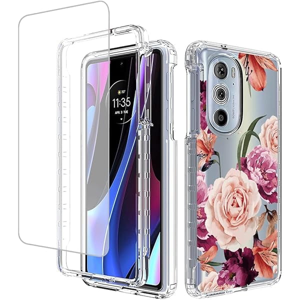 ccwonima Case for Moto Edge+ 2022/Edge 30 Pro/Edge X30 XT2201 with Tempered Glass Screen Protector, Floral Shockproof Full Body Protective Phone Cover for Motorola Moto Edge Plus 2022 (Purple Flower)