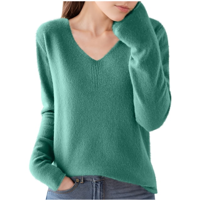 Kovlvoll Womens Tops V Neck Long Sleeve Solid Color Knitted Thin Sweater Fall Pullover Tunic Top
