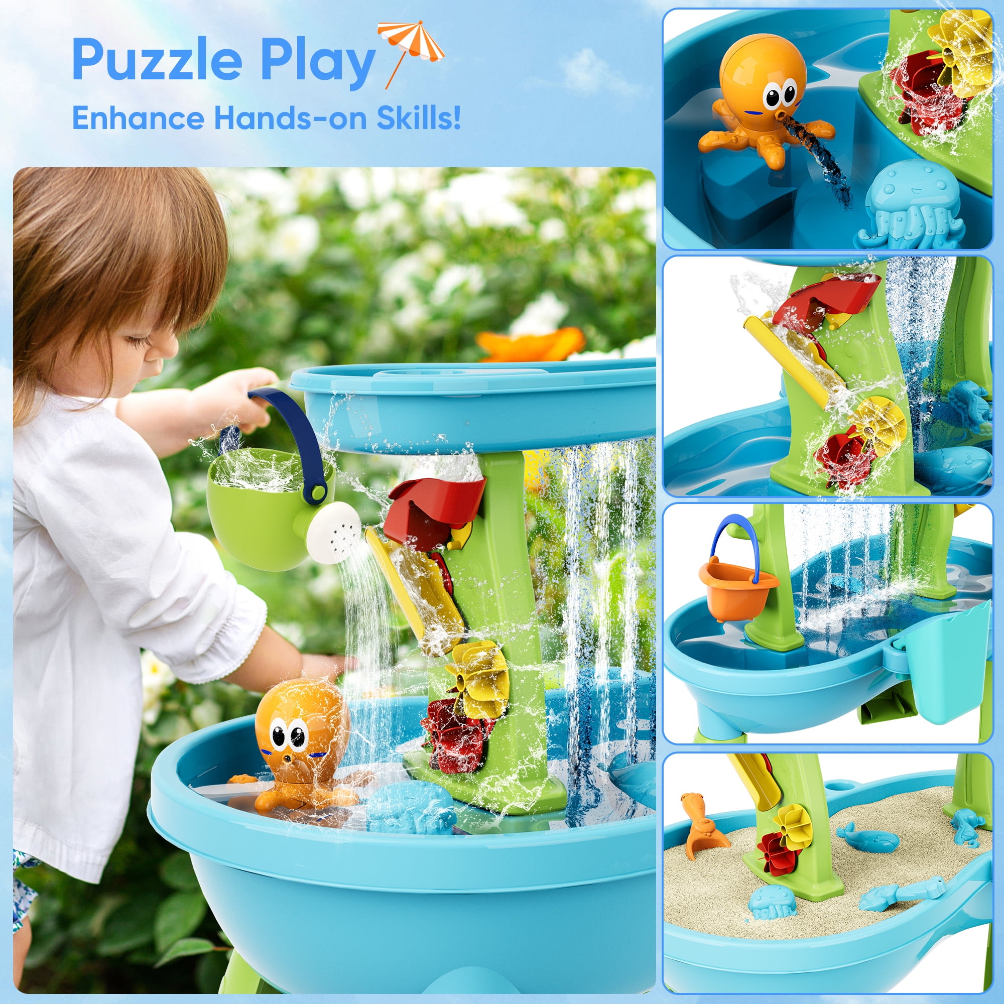 Yexmas Sand Water Table Toys for Toddlers,2-Tier Rain Pond Activity Sensory Play Table Beach Summer Outdoor Toys for Kids Boy Girls