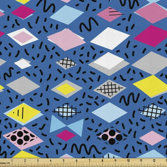Geometric Fabric by the Yard Upholstery, Modern Pattern of Diamond Shapes Triangles Polka Dots and Brush Hits, Decorative Fabric for DIY and Home Accents, Cobalt Blue Multicolor by Ambesonne