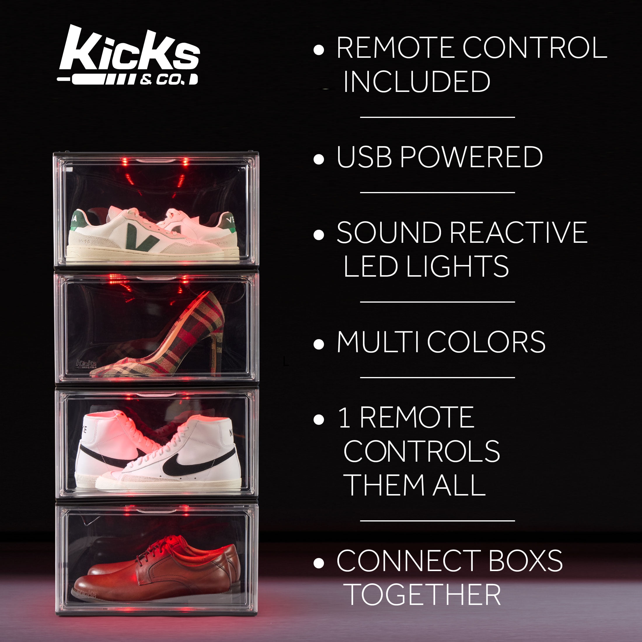 Kicks & Co XL Clear Plastic Stackable Shoe Storage Box for Sneakers Remote Control LED Light Fits Up to Size 13