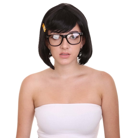 HPO Womens Comic Black Wig with Glasses Set ,TV/Movie Wigs , Synthetic Fiber