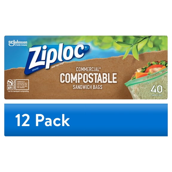 (12 pack) Ziploc® Compostable Sandwich Bags, Food Storage Zipper Bags, 40 Count