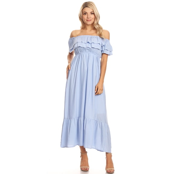 Summer Boho Peasant Ruffle Stretchy Short Sleeve Long Beach Maxi Dress for Women