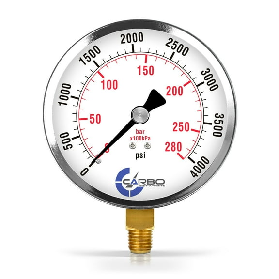 CARBO Instruments 4" Pressure Gauge, Chrome Plated Steel Case, Dry, 0-4000 psi/kPa, Lower Mount 1/4" NPT