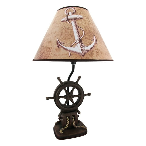 Zeckos Ship`s Wheel Nautical Boat Table Lamp with Anchor Shade