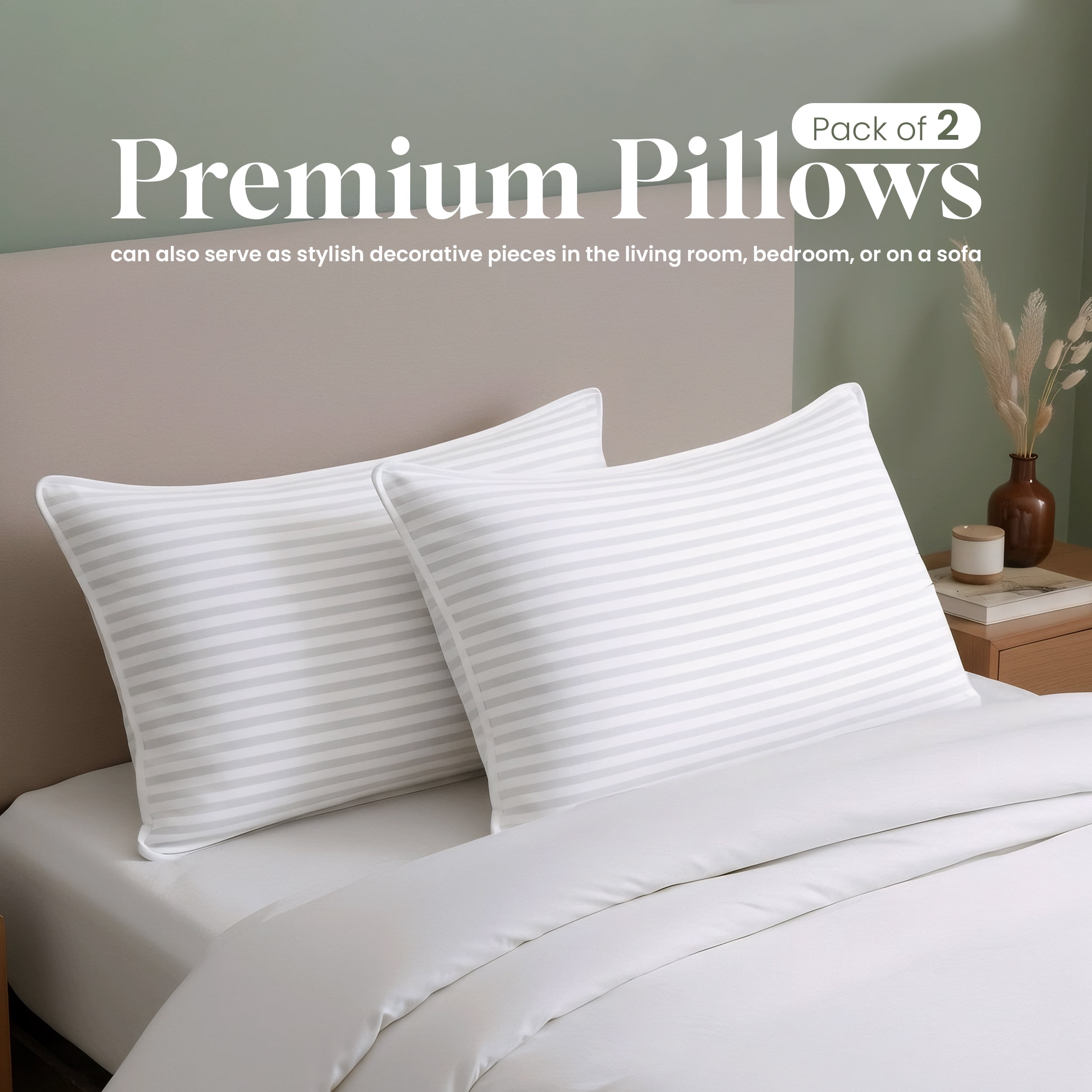Utopia Bedding Bed Pillow with White Stripes - Set of 2 - Ultra Cozy & Relaxing For Adults, (Queen, 28"L x 20" W)