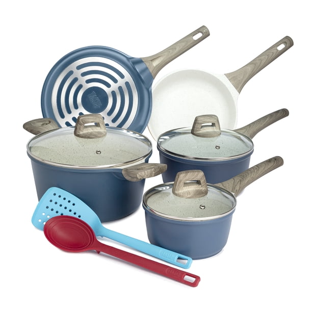 Tasty Cast Aluminum Cookware Set With Smart Heat Base Dishwasher Safe Blue 10 Piece Walmart Com Walmart Com