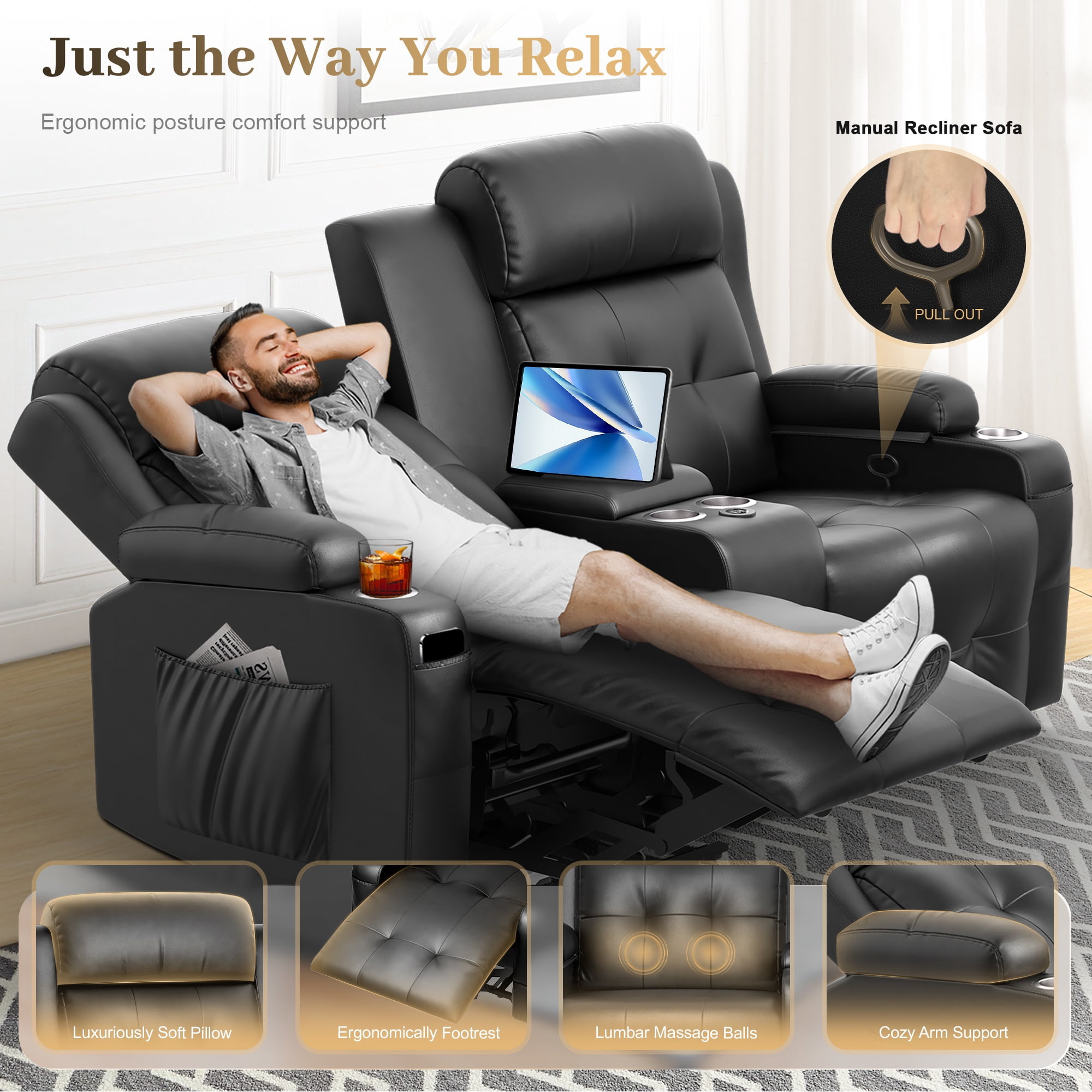 LOBERFVE Loveseat, 2 Seater Manual Recliner with Cup Holders, USB and Type-C Port, Faux Leather Recliner Chair with Massage Function for Living Room Furniture, Black