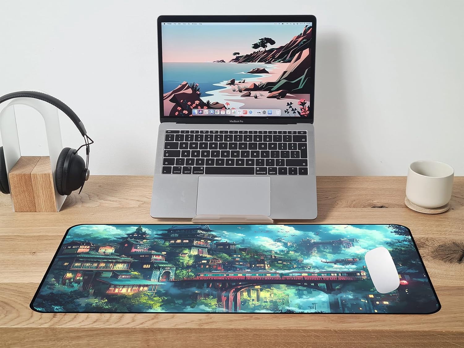 Japanese Anime Desk Mat, Green Forest Mouse Mat XXL, Game Desk Pad, Fantasy Architecture Computer Keyboard Mat, Wireless Mousepad Large,Natural Landscape Home Office Desktop Decor 31.5"X15.7"