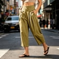 thumbnail image 2 of VBVC Women's Cotton Linen Pull-On Capri Pants , Casual Summer Wide Leg Trousers For Women , Ladies' Paper Bag Waist Pleated Pants with Pockets,Gold,S-2XL, 2 of 6
