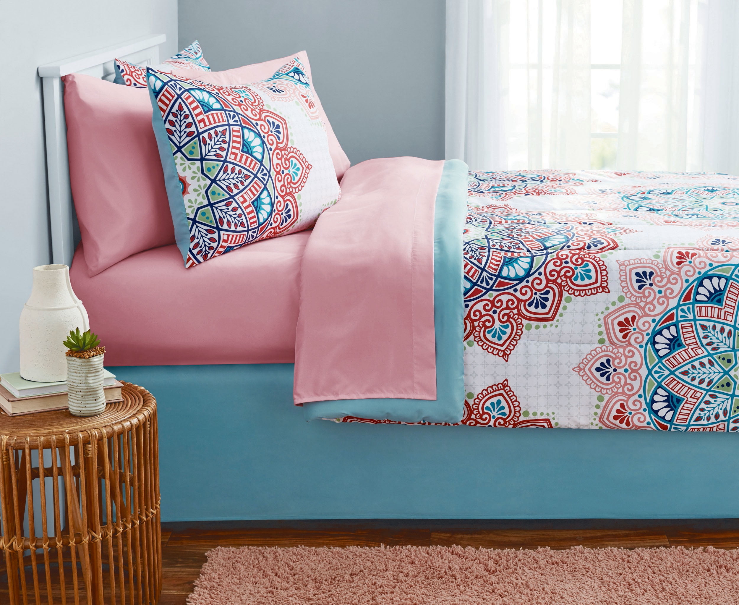 Mainstays Pink and Teal Medallion 8 Piece Bed in a Bag Comforter