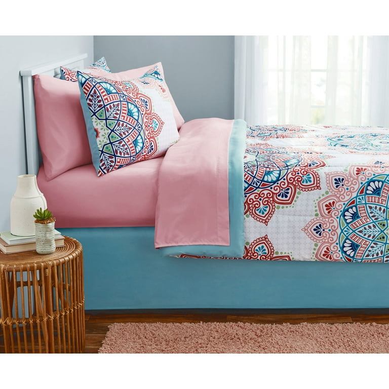 Mainstays Pink and Teal Medallion 8 Piece Bed in a Bag Comforter