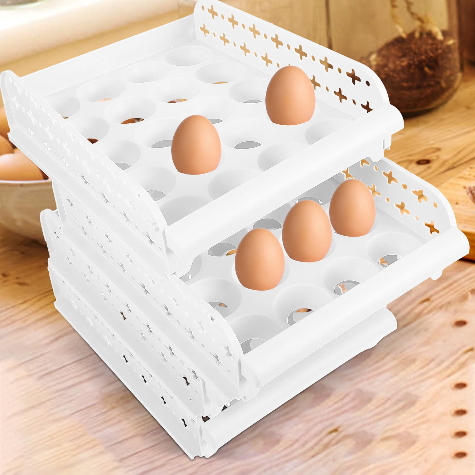 Toyvian White Stackable Crisper Tray Organizer with Shockproof Groove Design for Kitchen and Refrigerator Storage Solutions