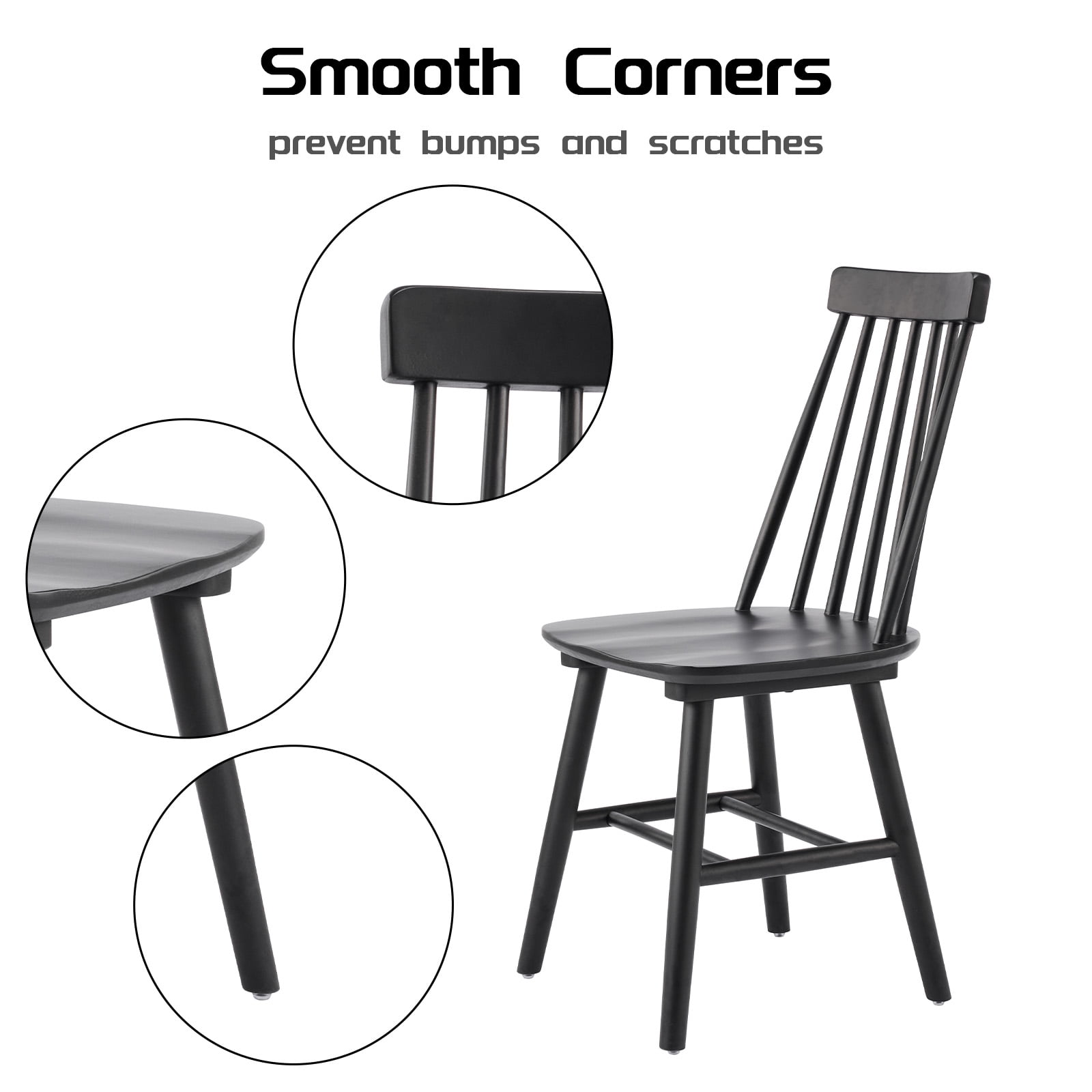 Farmhouse Wooden Dining Chairs Set of 2, Windsor Spindle Back Chair for Kitchen & Dining Room, Black