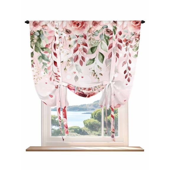Pink Valentine's Day Tie Up Curtains for Windows 63 Inch Length Balloon Curtains Kitchen Adjustable Balloon Window Shade Spring Floral Romance Love Heart Roses Tie Up Bathroom Curtain Window 46"x63"