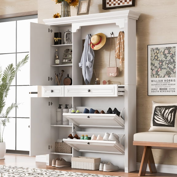 54.7'' Hall Tree with Integrated Shoe Cabinet, 4-in-1 Design Coat Hanger with Mirrored Cabinet Door, Hall Tree with 4 Sturdy Hooks and Flip Drawers, for Entrance, Entryway, Living Room, White