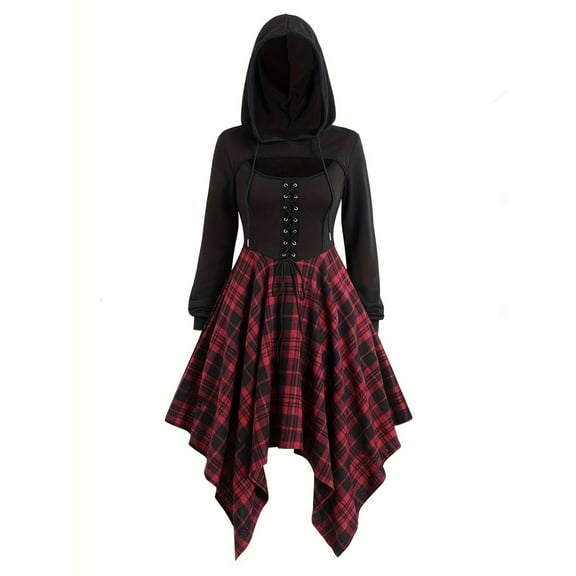 SHTXOZHI Women's Gothic Dress Hoodie Renaissance Medieval Cosplay Asymmetrical Plaid Dresses